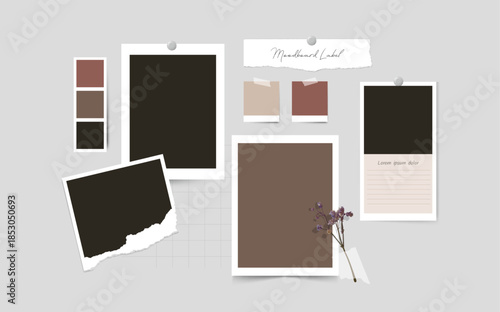 Moodboard mockup with torn paper frames and push pin for branding identity and aesthetic presentation. Neutral collage vector template with botanical swatches and taped notes for scrapbook layout