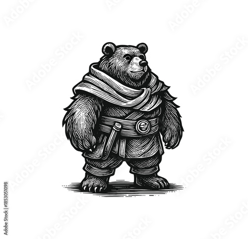 Fantasy Bear Warrior – Medieval Animal Hero Illustration in Engraved Style