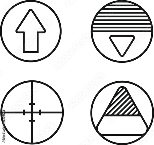 Minimal geometric control icons set with arrows, target, and abstract symbols in bold line style for user interface design