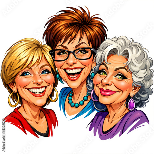 Three cheerful older women smiling and posing together in colorful attire  