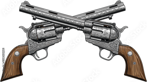 Crossed vintage revolvers illustration, detailed engraved western pistols, classic cowboy firearms symbol, old west weapon design vector art isolated white