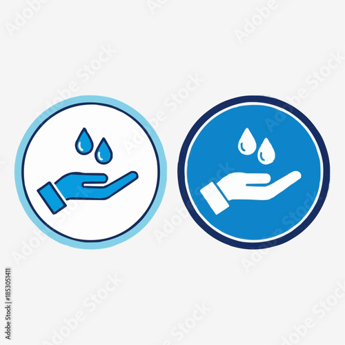 Informative graphic icons demonstrating the importance of hand hygiene and cleanliness, featuring a hand receiving water drops in distinct blue and outline styles, 
