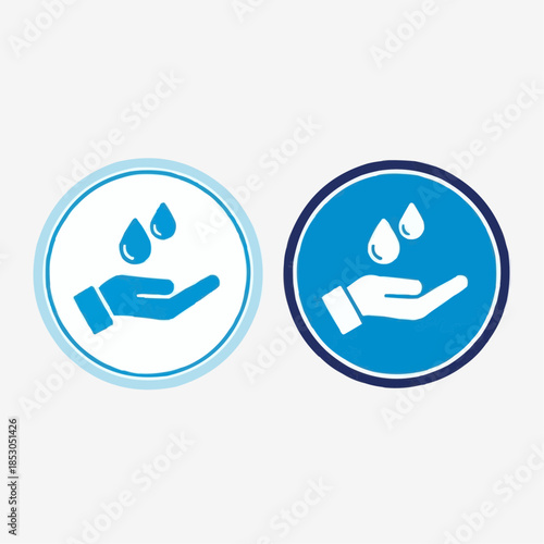 Hygiene concept - two circular icons showing a cupped hand with water droplets falling into it, symbolizing cleanliness and sanitization practices for personal health and well-being