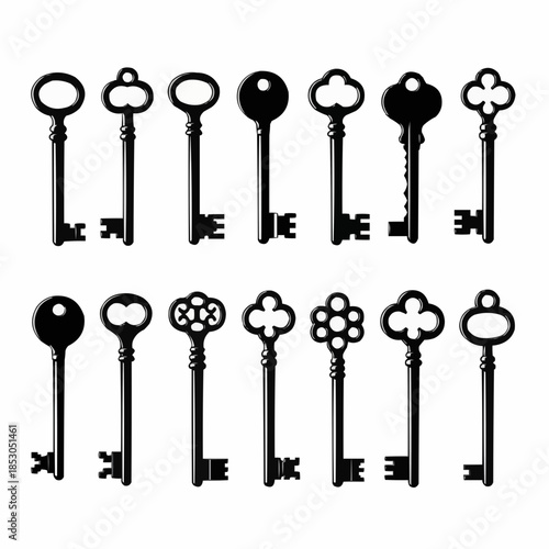 Set of vintage and antique ornate keys, symbolizing access, security, and hidden treasures, presented as isolated vector icons on a clean white background