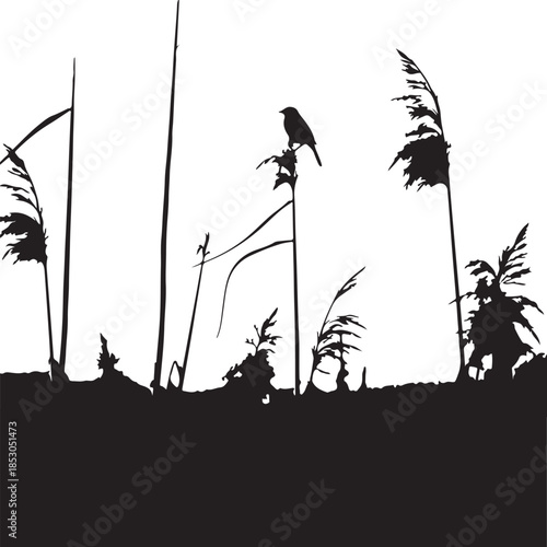 Black Bird Silhouette Perched on Windy Reeds Vector Illustration