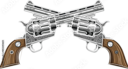 Crossed vintage revolvers illustration, detailed engraved western pistols, cowboy firearm symbol, old west weapon design, classic handgun vector art