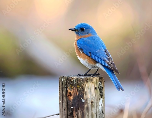 Eastern Bluebird perched on a weathered wooden post beside a serene forest brook in soft, natural light