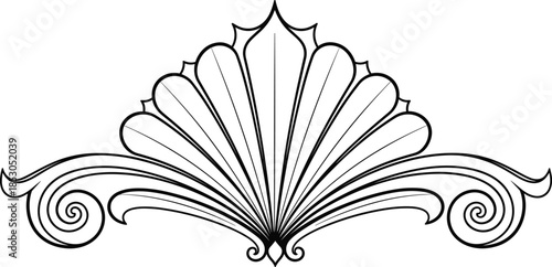 Elegant ornamental shell flourish line art with symmetrical scroll decoration inspired by classical architecture and vintage decorative border design
