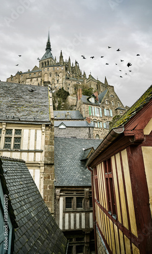 Mont Saint-Michel Medieval Village and Abbey with Birds Flying, Normandy, France