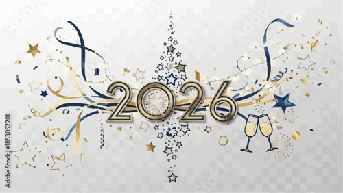 Celebrate 2026 with gold confetti and champagne