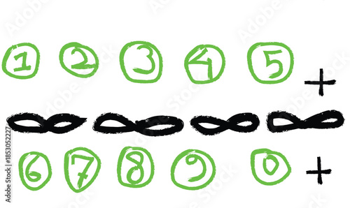 Handwritten numbers and infinity symbols with colorful outlines