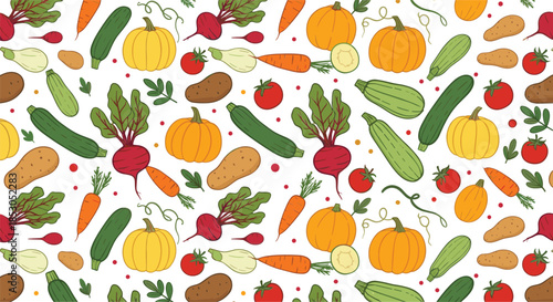 Seamless vegetable pattern vector illustration with pumpkin carrot beet cucumber potato and tomato hand drawn elements