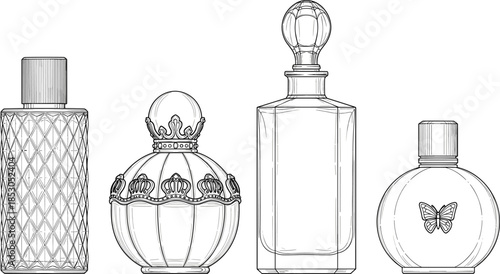 Luxury perfume bottle collection line art illustration featuring elegant glass flacons with decorative stoppers for cosmetic branding and fragrance packaging design