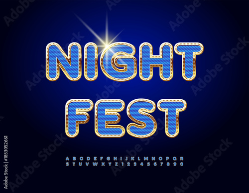 Vector Luxury invitation Night Fest. Classy Blue and Gold Font. Fashion Cool Alphabet Letters and Numbers set.