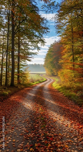 A winding dirt path through a colorful forest in autumn. Sunlight filters through the trees, illuminating the path and vibrant leaves. A distant field