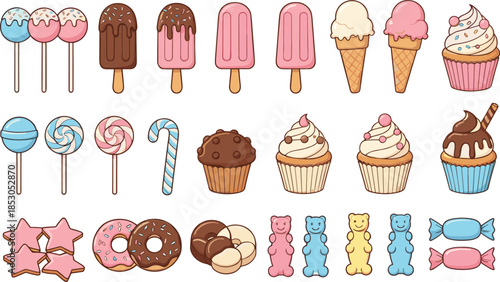 Cute pastel sweets and desserts vector set with ice cream cupcakes donuts candy and lollipops illustrations