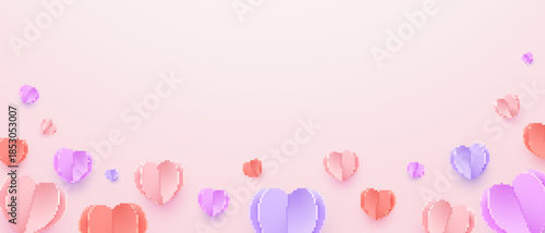 Colorful flying hearts on pink background