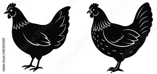 Rooster and hen silhouette collection, farm animal illustration, poultry vector artwork, black and white graphic, rural livestock design, chicken drawing