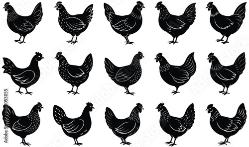 Rooster and hen silhouette collection, farm animal illustration, poultry vector artwork, black and white graphic, rural livestock design, chicken drawing