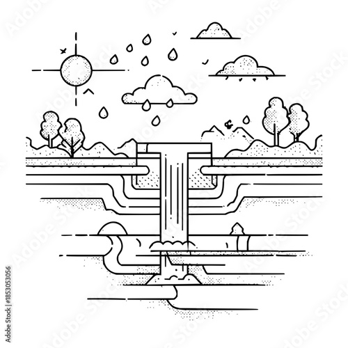 Illustration of a water cycle with sun clouds rain trees and underground streams showing nature 100