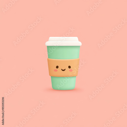 Cute pastel coffee cup with smiling face, mint green body, beige sleeve, and white lid on soft pink background, minimal flat style, cheerful and playful mood