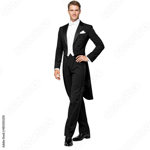 Elegant man wearing a black tuxedo posing confidently on white background  