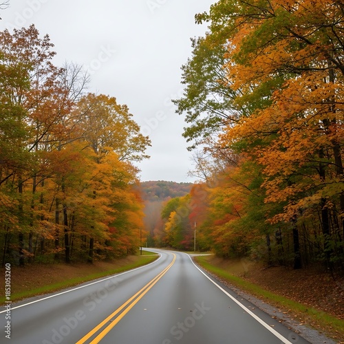 A winding, gray-paved road curves through a forest ablaze with autumn colors. The overcast sky and wet pavement enhance the vibrant hues