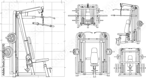 Multi function gym machine technical line illustration showing strength training equipment, weight stacks, pulleys, and professional fitness exercise design