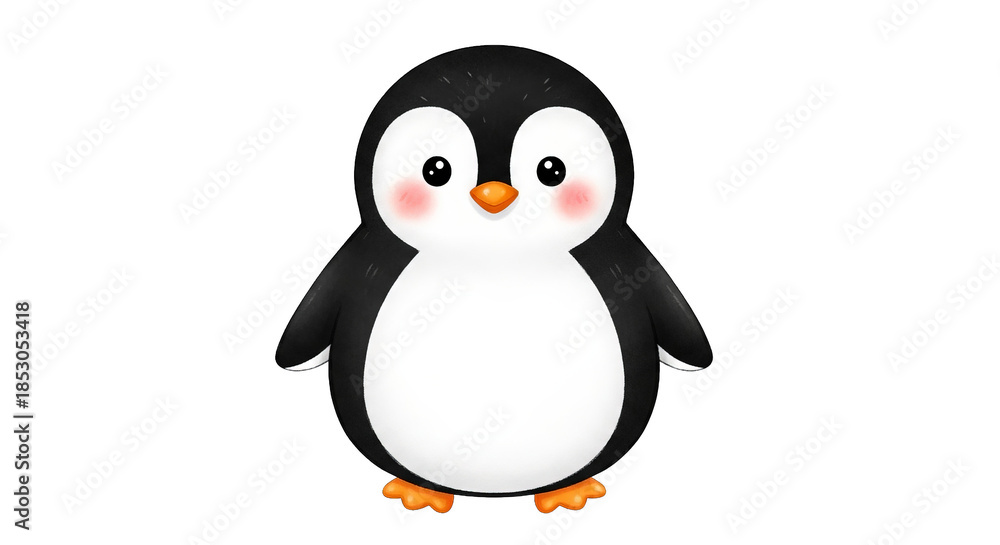 Obraz premium Cute cartoon penguin with bright orange feet and soft blush, standing on black, created digitally.