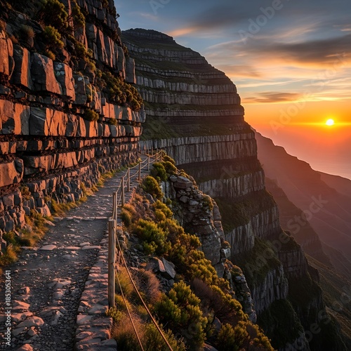 A winding mountain path along a cliff face, bathed in the warm light of a setting sun, creating a dramatic vista