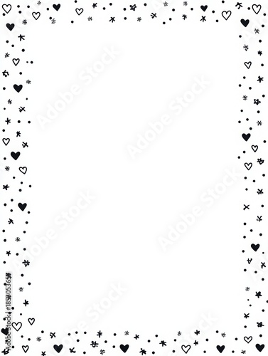 Hand drawn black doodle border with hearts, stars and dots framing blank white background with copy space, cute minimal stationery design, concept of playful love