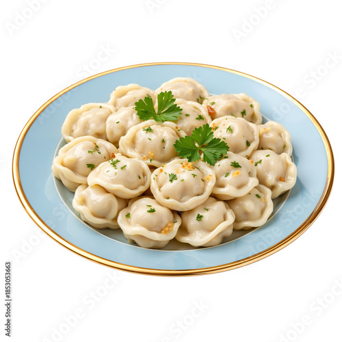 Steamed dumplings served on a blue plate with herbs and spices  
