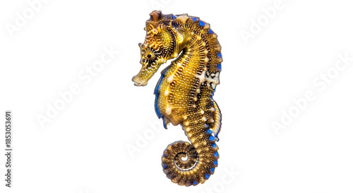 Detailed studio shot of a golden seahorse, its curled tail is distinct against a black background.