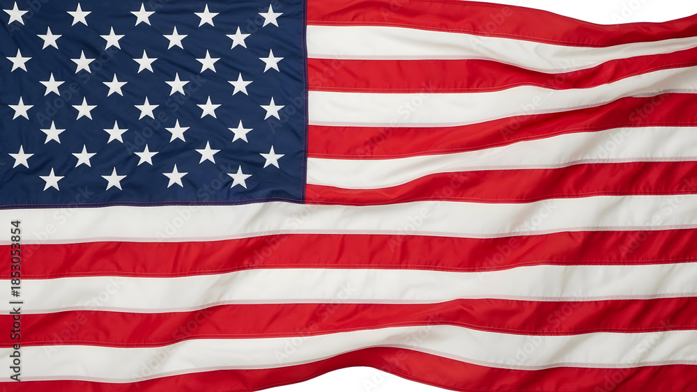 Fototapeta premium A full view of the star-spangled banner gently waving and rippling showing its bold stripes and many white stars on a field of deep blue fabric