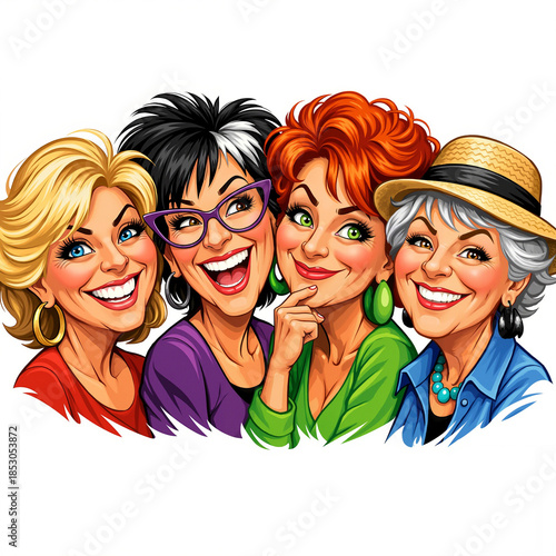 Four cheerful women smiling together in colorful outfits and accessories  