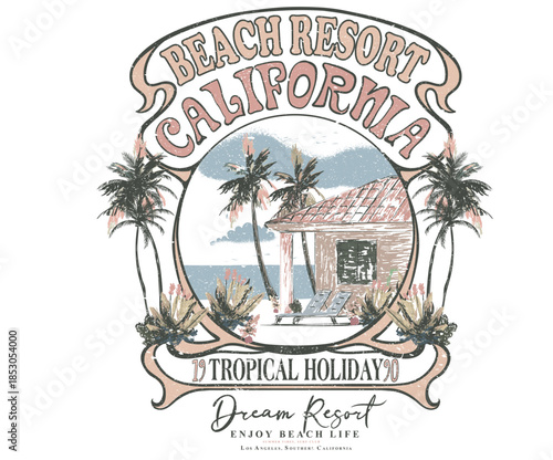 California beach resort. Summer good vibes vector graphic design for poster. Welcome to summer paradise design. Beach pool resort. Beach paradise. Palm tree sketch. Dream beach resort. 