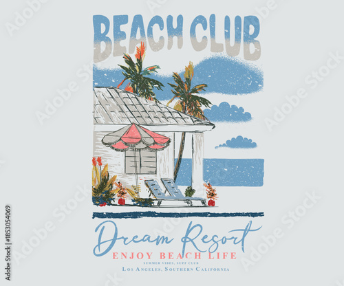 Summer good vibes vector graphic design for poster. Happy holiday. Welcome to summer paradise design. Beach pool resort. Beach paradise. Palm tree sketch. Dream beach resort. 