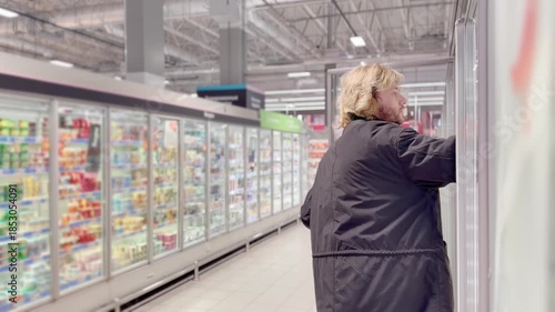 Man choosing frozen food from a supermarket freezer., reading product information