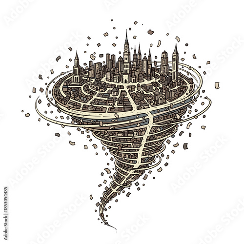 Whirlwind of confetti forming a magical cityscape in illustration  