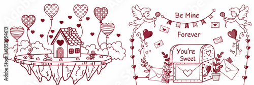 Whimsical Valentine's Day illustrations with hearts and love symbols