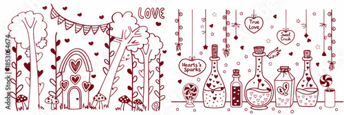 Whimsical Valentine's Day scene with love potions and heart decorations
