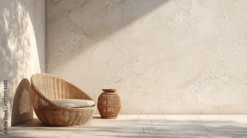 Serene minimalist interior with wicker chair and natural light for modern home decor,National Wicker Day