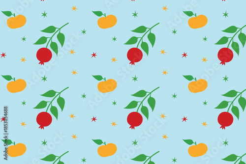 
Vector seamless background with tangerines and pomegranate branches.