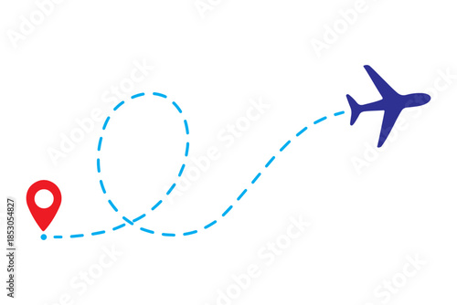 Airplane flight path clipart, travel route icon with location pin and dashed line