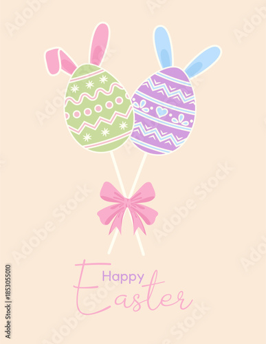 Elegant Easter Greeting Card with Two Pastel Bunny Ears Eggs on Sticks, Pink Bow and Modern Typography on Beige Background