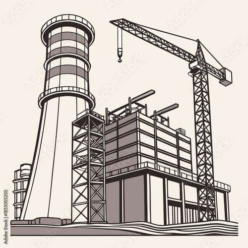 Power plant construction site with cooling tower and crane