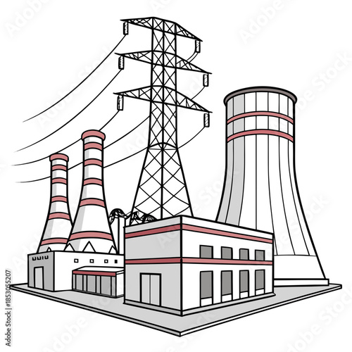 Power plant infrastructure with cooling towers and transmission tower 1