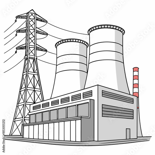 Power plant infrastructure with cooling towers and transmission tower