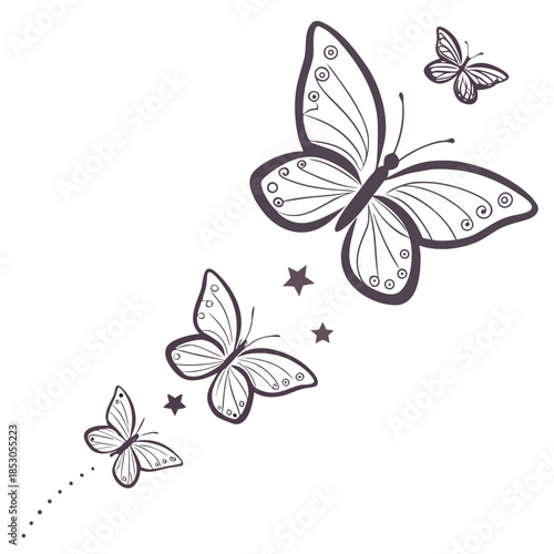 Butterflies drifting downward slowly with subtle shadows