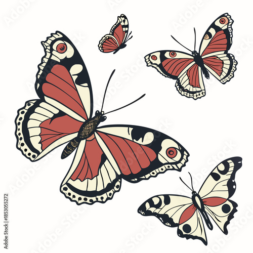 Butterflies flying independently with varied wing patterns and colors